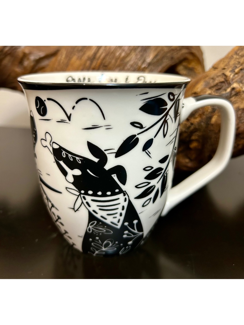 Karma Peace Love & Dogs Boho Mug Black White Ceramic Dog Lover Coffee Cup